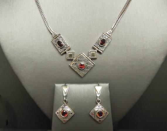 Vintage Art Deco Egyptian Revival Estate Handmade Sterling Silver 2.05TCW Garnet Necklace & Earrings 2PC Jewelry Set