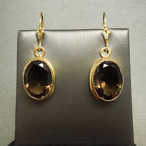 Vintage Estate C1970 925 Gold Sterling Silver Bezel set Oval Smokey Topaz Solitaire Hanging Dangling Drop Earrings 1.5&quot;