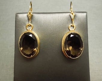 Vintage Estate C1970 925 Gold Sterling Silver Bezel set Oval Smokey Topaz Solitaire Hanging Dangling Drop Earrings 1.5"