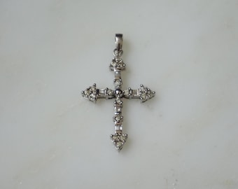 Round & Baguette Diamond Cross / Vintage Estate 10K White Gold 1TCW Round Brilliant Baguette Retro Art Deco Style Cross Pendant  1.5"