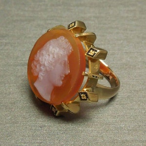 Antique Victorian Estate C1890 Greek Revival 14K Gold Hard Stone Carnelian Cameo Statement Ring Sz 3