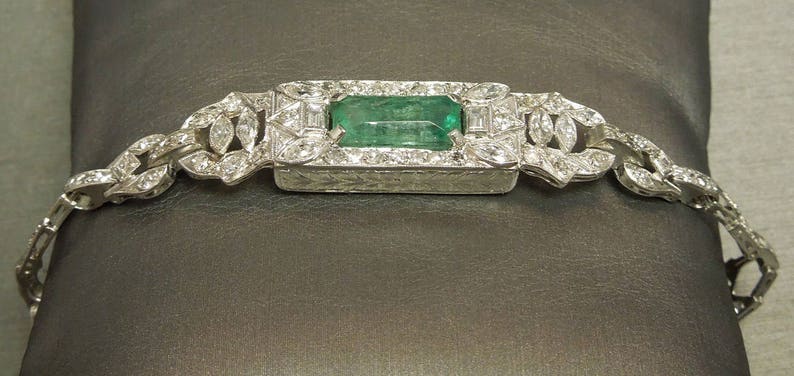 Antique Art Deco Estate C1920 Platinum Engraved 4.38TCW Natural Emerald & Diamond Cocktail Dress Bracelet 6.25 image 2