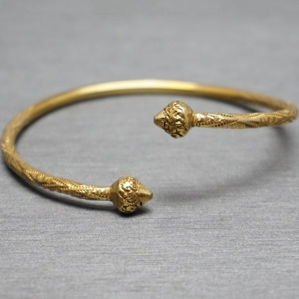 Etruscan Gold Bangle / Antique Estate C1920 Gold Vermeil .800 Silver Hand Engraved Open Bypass Bangle Bracelet / Antique Gold Bangle  7"