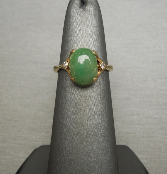 Mid Century Estate C1960 14K Gold 2.91 carat Emerald Cabochon Solitaire & Diamond Accent Ring / Vintage Emerald Ring  Sz 5