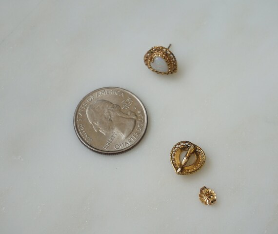 14K Gold Heart Opal Earrings / Vintage Estate C19… - image 7