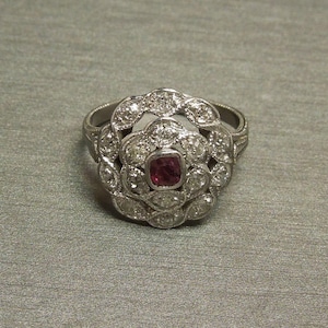Antique Estate C1930 Platinum 1.00TCW Bezel Cushion cut Ruby Solitaire & European cut Diamond Dinner Ring / Ruby Engagement Ring  Sz 6