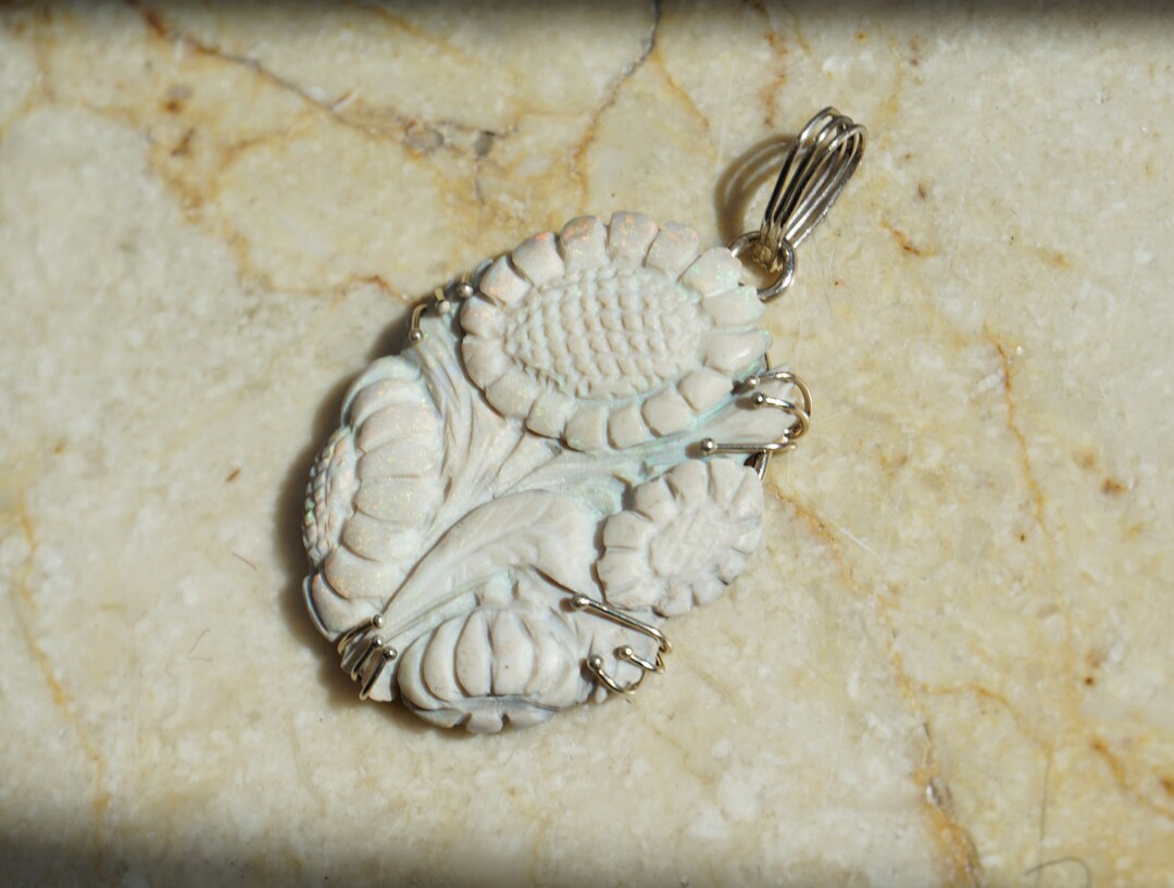 Opal Sunflower Pendant / Vintage Estate 14K White Gold Opal Sunflower