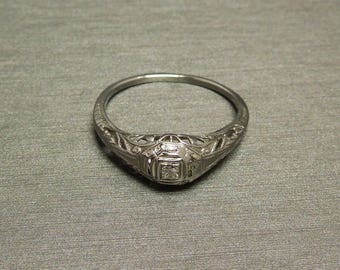 Antique Pre Art Deco Estate C1910 18K White Gold Filigree 0.03ct E VVS1 Old Single cut Diamond Square Solitaire Petite Engagement Ring Sz 6