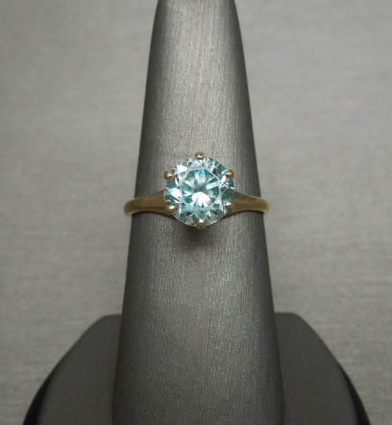 Antique Blue Zircon Ring / Victorian Estate C1890 14K Gold 2 carat Round Brilliant cut Blue Zircon Elevated Solitaire Ring  Sz 7.5