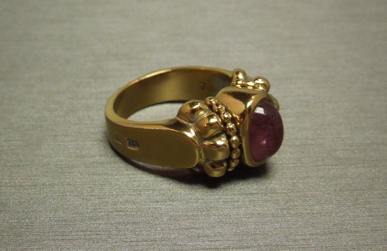 Unisex Vintage Estate Ancient Roman Style 925 Gold Vermeil 18K Gold Accent 2ct Pink Red Tourmaline Solitaire Ring Sz 7
