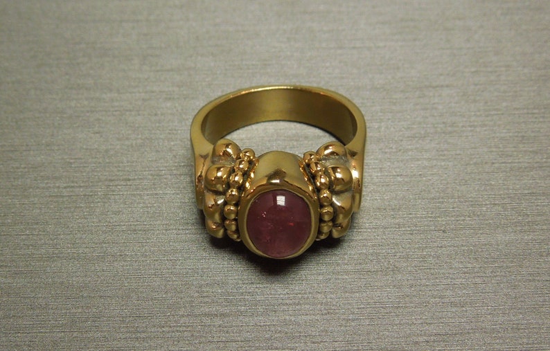 Unisex Vintage Estate Ancient Roman Style 925 Gold Vermeil 18K Gold Accent 2ct Pink Red Tourmaline Solitaire Ring Sz 7