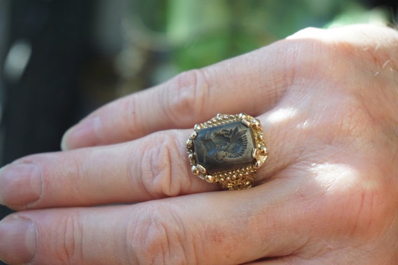 Hematite Intaglio Ring / Men's Vintage Estate Gol… - image 7