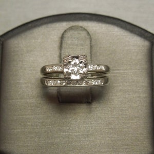 Antique Estate C1940 14K White Gold 0.50TCW Square Princess cut Diamond Solitaire & Channel Engagement Ring Wedding Band 2PC Set Sz 4.75