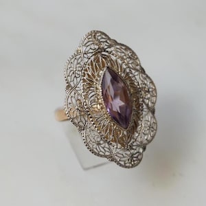 Antique Amethyst Ring / Art Deco Estate C1910-1920 10K-18K Gold Bezel set Marquise 2.78ct Amethyst Solitaire Large Filigree Shield Ring Sz 7