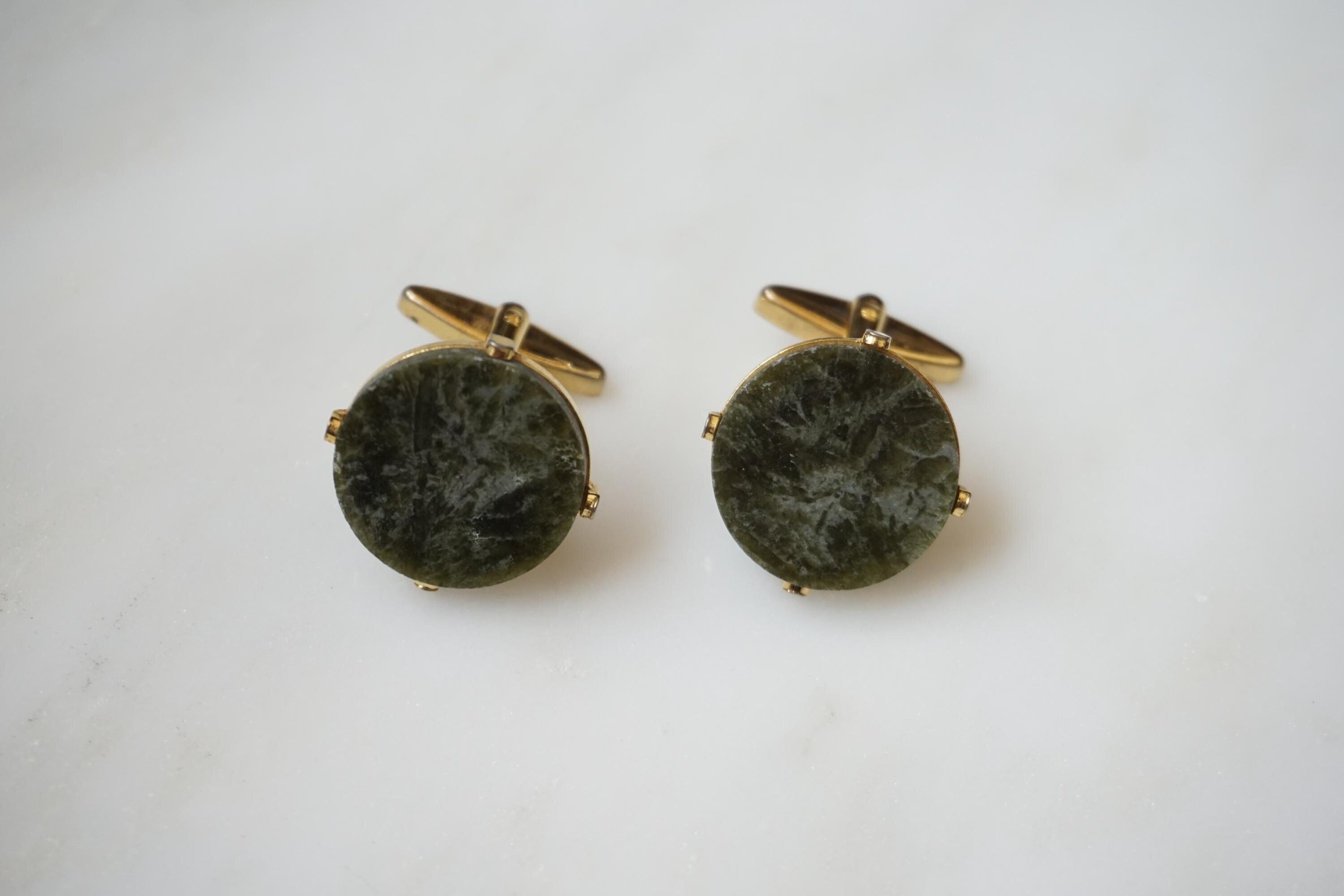 Jade Disc Cuff Links / Unisex Vintage Mid Century Estate C1960 Gold Micron Finish Natural Jade Circular Cuff Links / Men's Jade Cuff Links