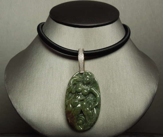 Vintage Estate C1980 Hand Carved Jade Mermaid Medallion Pendant w/ 10K Gold Pave Diamond Bale 3"