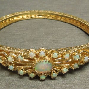 Vintage New Orleans Estate C1960 Victorian Style 14K Gold Filigree Natural Australian Fire Opal Bangle Bracelet