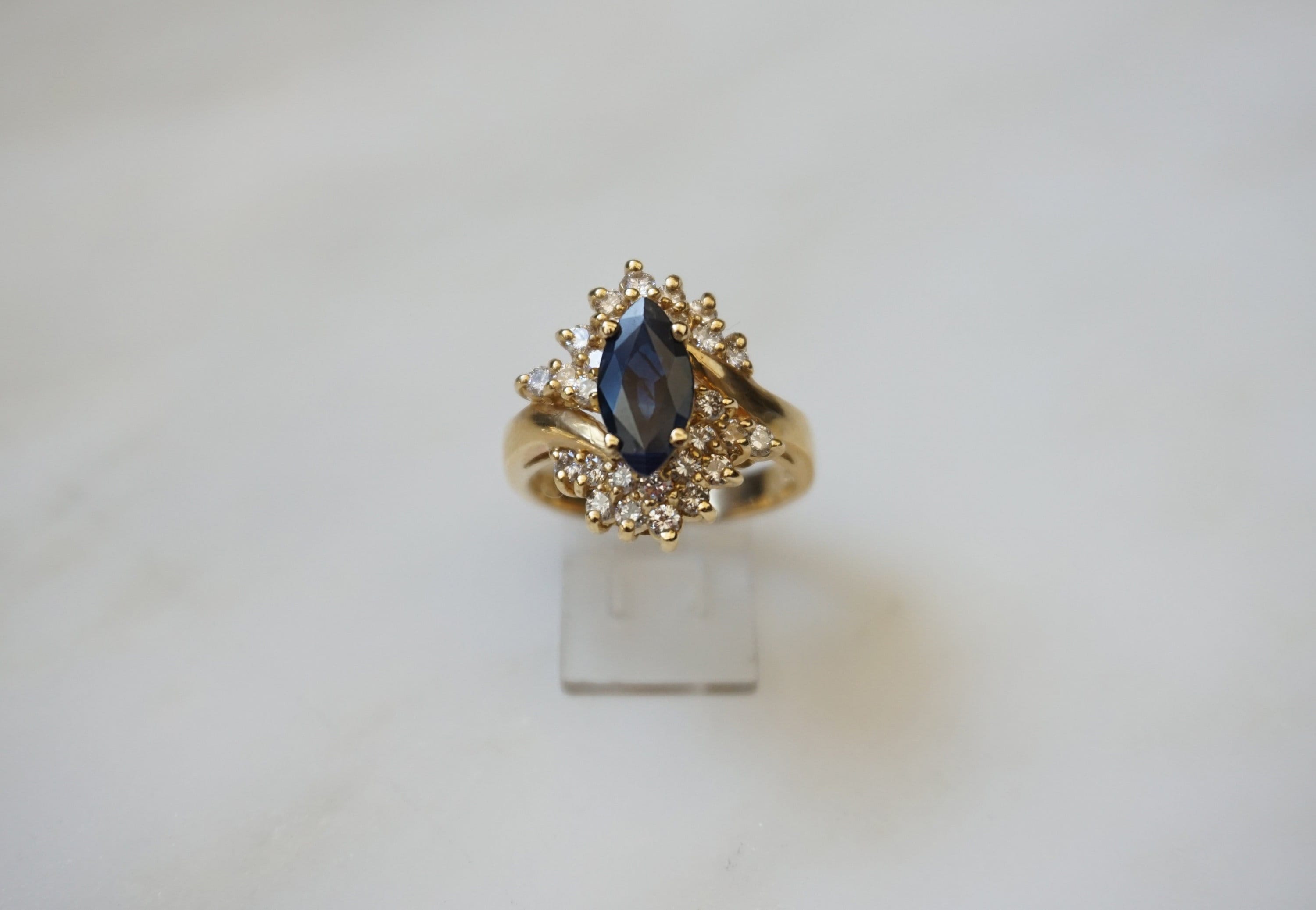 Marquise Sapphire Ring / Vintage Estate 14K Gold 3TCW Marquise Sapphire Solitaire & Brilliant Diamond Bypass Cocktail Ring  Sz 6.25