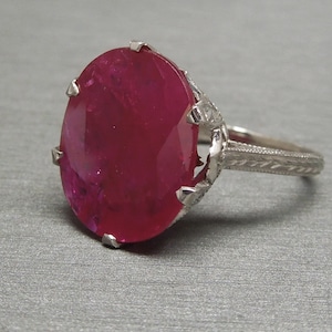 Antique Estate C1910 Platinum Filigree 10 carat Oval Man-Made Ruby Solitaire Ring / Platinum Ruby Ring  Sz 7