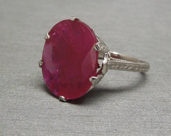 Antique Estate C1910 Platinum Filigree 10 carat Oval Man-Made Ruby Solitaire Ring / Platinum Ruby Ring  Sz 7