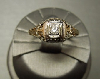 Rare Antique Estate C1910 14K Gold Two Tone Filigree 0.08ct Diamond Engagement Ring