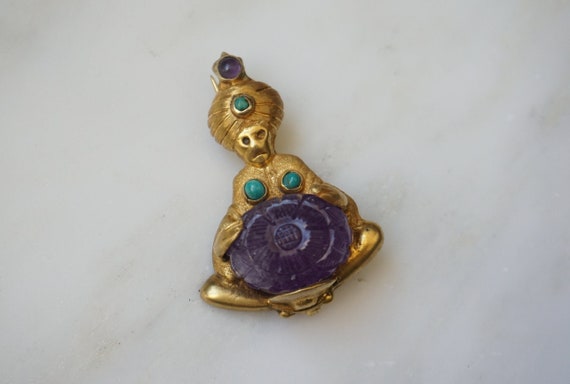 Vintage Genie Pin / Vintage Estate C1950 Gold Vermeil Sterling Silver Turquoise & Carved Amethyst Crystal Ball Genie Pin / Genie Brooch 2"