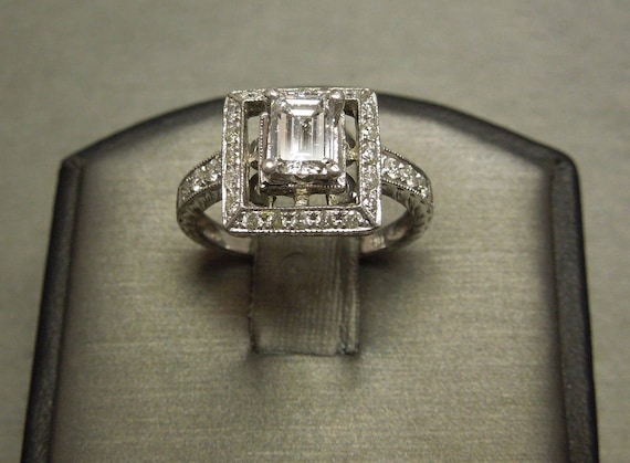 Art Deco Estate Hand Engraved 14K White Gold 1.15TCW E F VVS1 Emerald cut Diamond Solitaire Halo Engagement Ring Sz 6.75