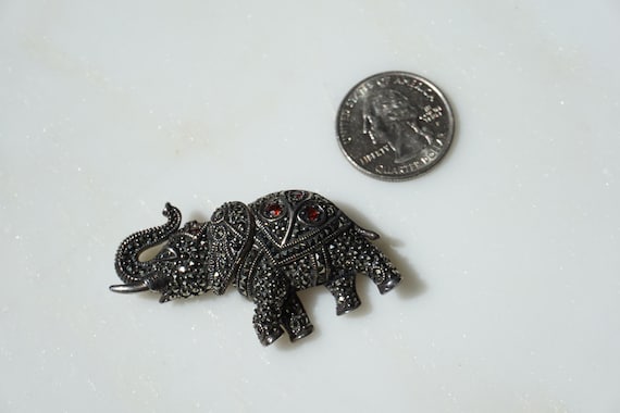 Vintage Elephant Pin / Vintage Estate Sterling Silver Natural Garnet & Rose cut Marcasite Elephant Lapel Pin / Vintage Elephant Brooch View 3