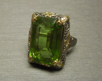 Antique Estate C1910 18K White, Green & Yellow Gold Filigree GIA CERTIFIED 15.40ct Emerald cut Peridot Solitaire Statement Dinner Ring Sz 5