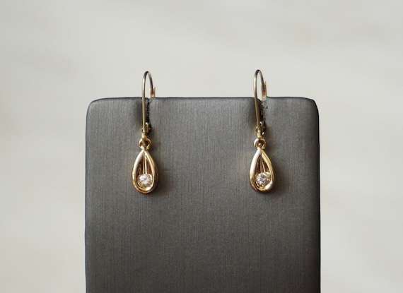 14K Diamond Raindrop Earrings / Vintage Estate 14… - image 1