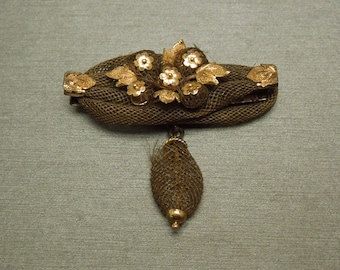 Antique Victorian Estate C1875 14K Gold Floral Mourning Hair Pin / Brooch 1.50"