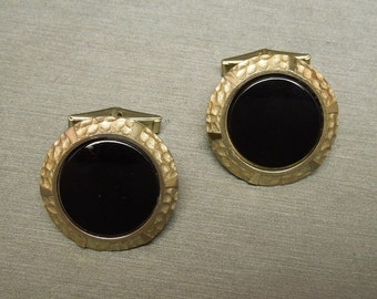 Unisex / Men's Vintage Retro Estate C1960 Hammered Gold 925 Sterling Silver Byzantine Style Natural Black Onyx Cuff Links Cufflinks