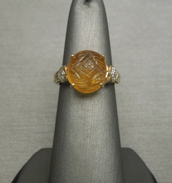 Carved Citrine Ring / Mid Century Estate C1960 10K Gold 5.53 carat Hand Carved Golden Citrine Solitaire Ring  Sz 6