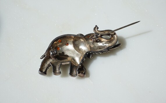 Vintage Elephant Pin / Vintage Estate Sterling Silver Natural Garnet & Rose cut Marcasite Elephant Lapel Pin / Vintage Elephant Brooch View 6
