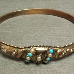 Antique Victorian Estate C1860 9KT English Gold Natural Turquoise & Seed Pearl Bangle Bracelet