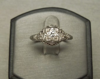 Antique Belle Epoque Estate C1910 18K White Gold Filigree 0.50ct J VVS2 Old Round European cut Diamond Solitaire Engagement Ring Sz 10.25