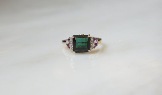 14K Green Tourmaline Ring / Vintage Estate 14K Gold 3.14TCW Square Tourmaline Solitaire, Amethyst Crescent & Diamond Art Deco Ring  Sz 7.25
