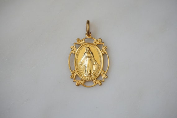 Gold Mother Mary Medal / Vintage Estate C1950 Gold Vermeil Signed CREED Sterling Silver 'Mary Conceived Without Sin' Medal Pendant 1.5"