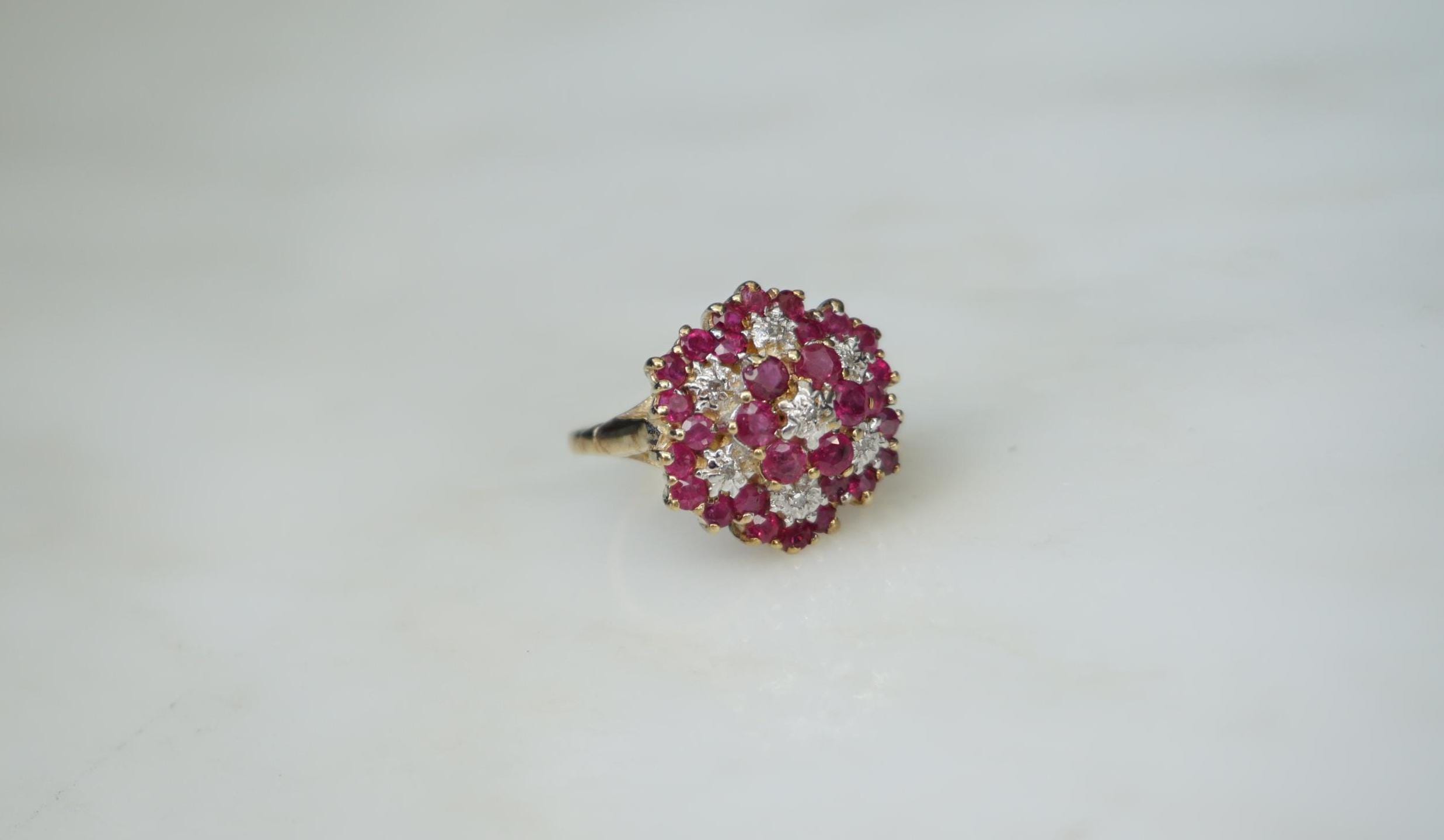 【Ruby】10点 Ruby Cluster Ring / Vintage Estate C1970 10K Gold 1.10TCW Natural