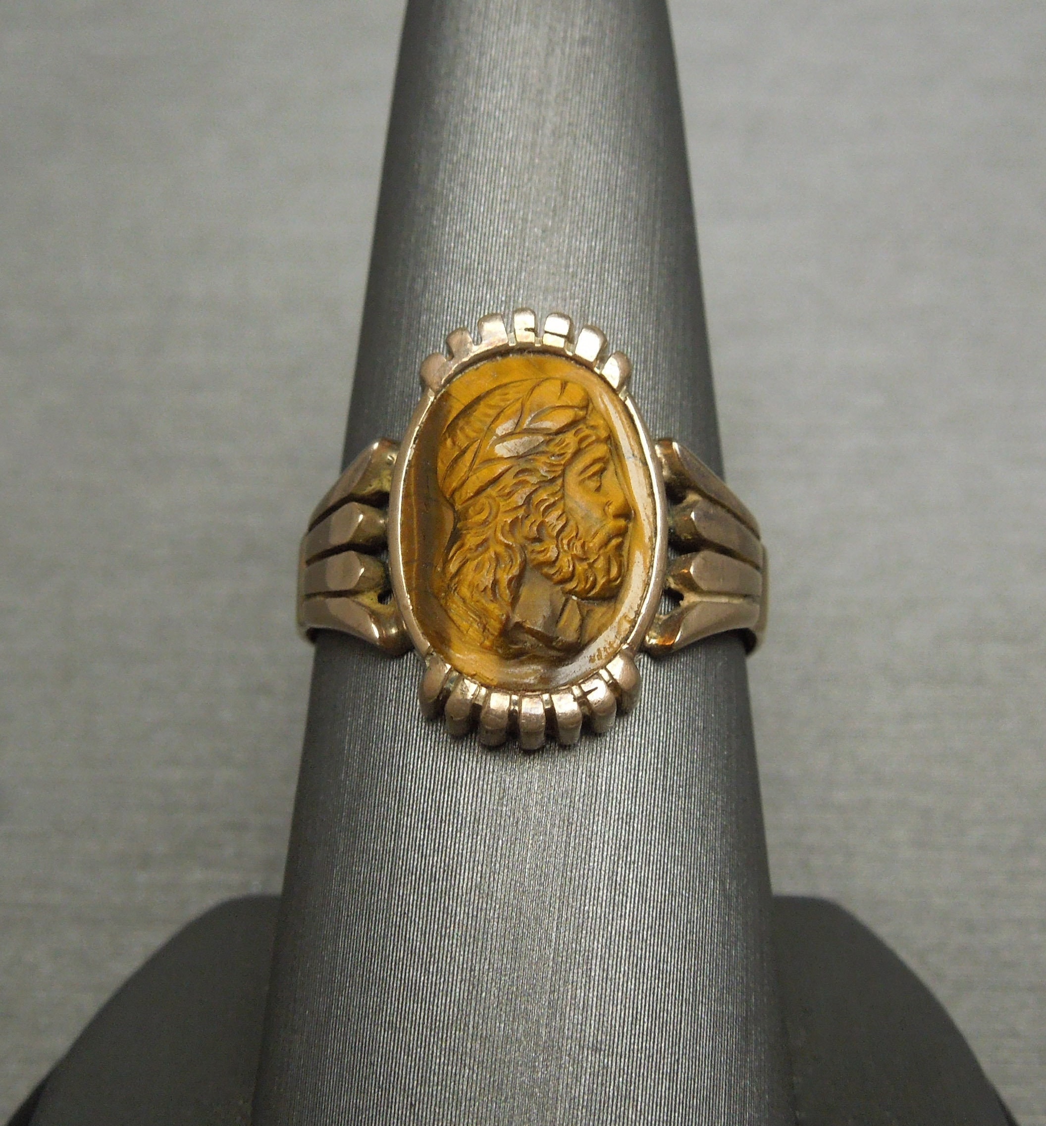 Unisex Antique Estate C1870 10K Gold Hand Carved Tiger Eye