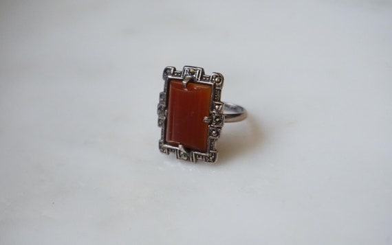 Art Deco Carnelian Ring / Antique Art Deco Estate C1920 Sterling Silver Natural Carnelian Solitaire & Rose cut Marcasite Shield Ring  Sz 5