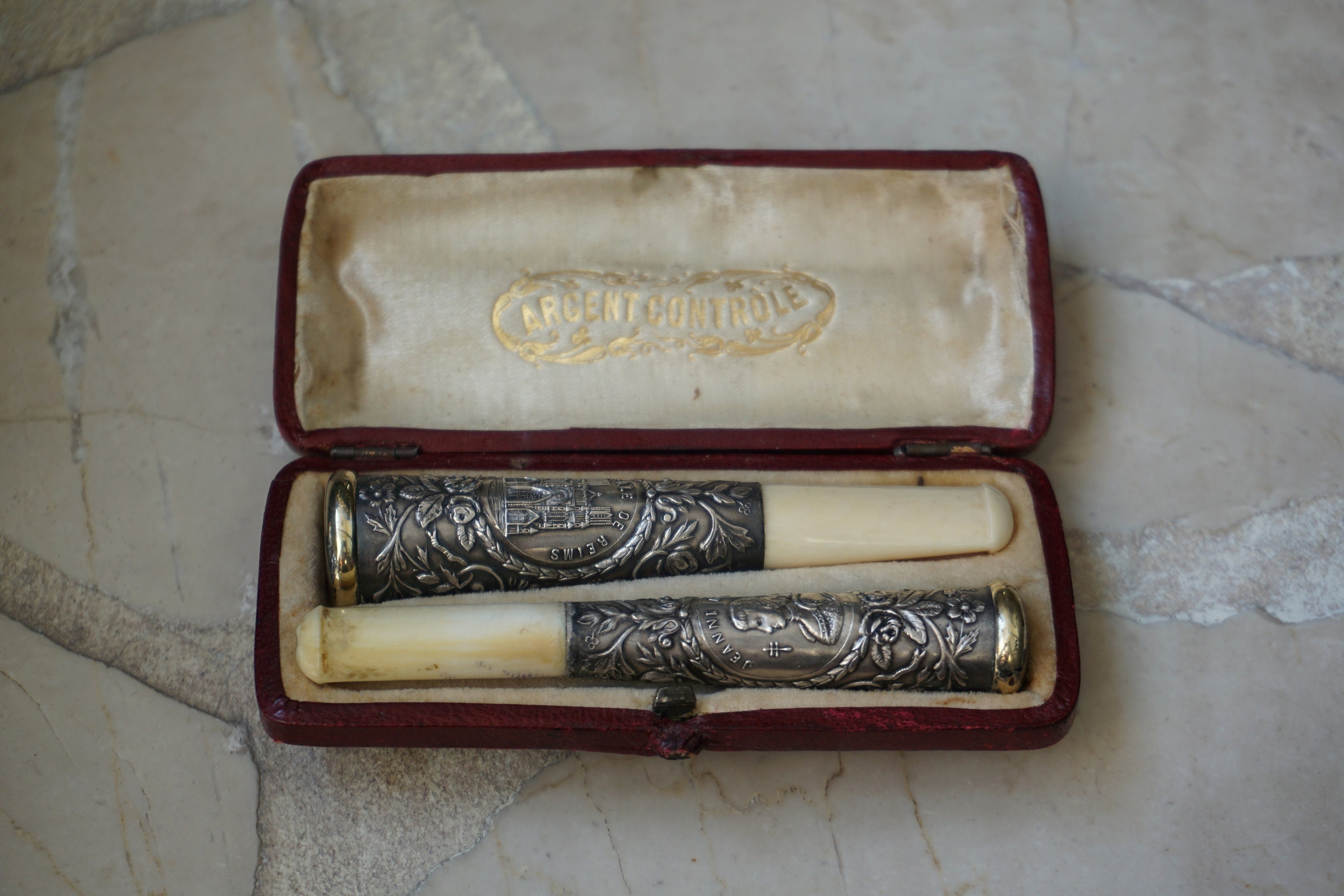 vintage long cigarette holder His & Hers Cigarette Holder Duet / Antique New Orleans Estate Circa 1890  10K Gold + Sterling Silver Joan of Arc Smoker's Duet