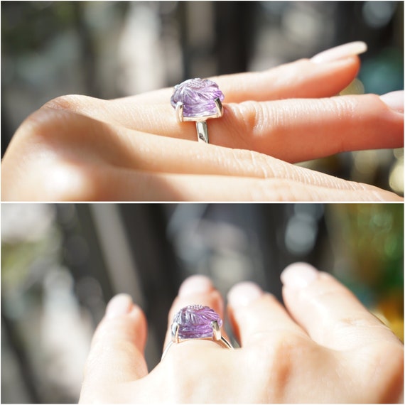 Carved Amethyst Ring / Vintage Estate Sterling Si… - image 6