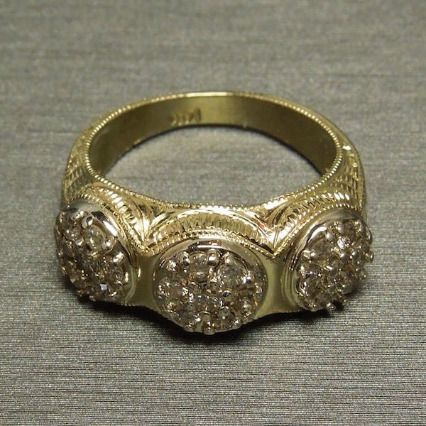 Unisex Vintage Estate C1960 14K Gold Engraved Serpent 0.60TCW Three Diamond Illusion Cluster Past Present Future Engagement / Statement Ring