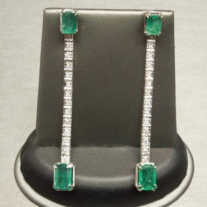Vintage Art Deco Estate C1970 14K White Gold 7.24TCW Emerald cut Natural Emerald & D E VVS Diamond Pendant Earrings Ear Pendants 2.75&quot;
