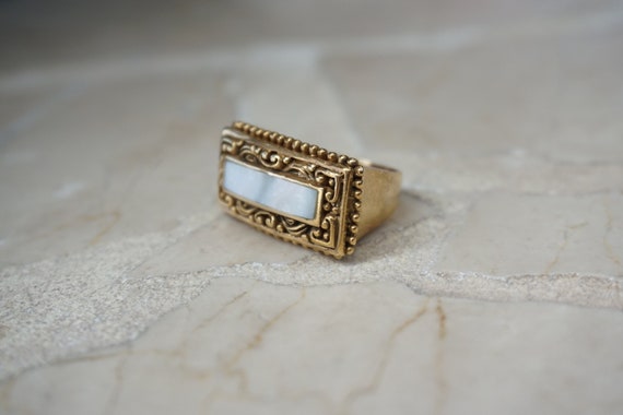 Vintage Estate Roman Style Mother of Pearl Gold Vermeil Sterling Silver Wide Signet Ring / Mother of Pearl Ring / Roman Signet Ring  Sz 7