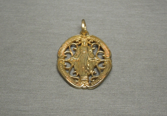 Vintage Estate C1950 Gold Vermeil CREED Sterling Mary Conceived Recourse To Thee Filigree Religious Pendant 2" x 1 1/8"