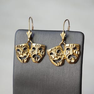 Comedy Tragedy Earrings / Vintage New Orleans Estate Gold Vermeil Sterling Silver Mardi Gras Theatrical Mask Dangle Drop Earrings  1 1/4"