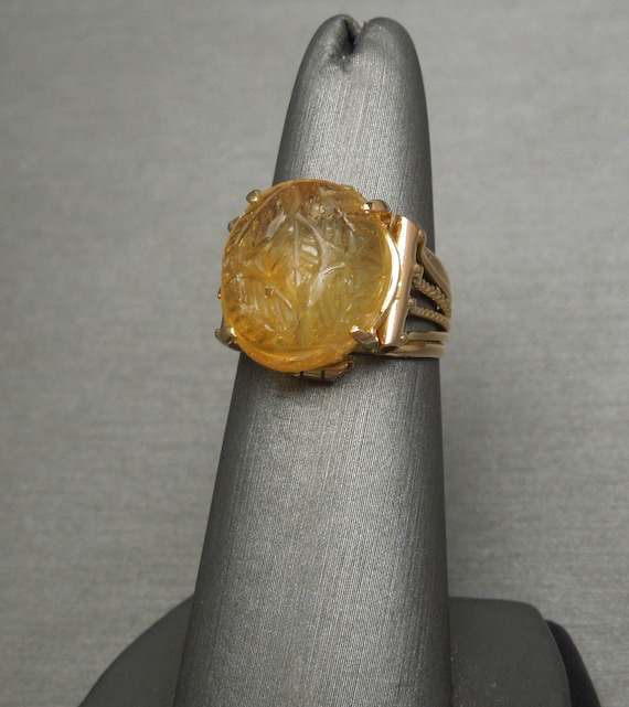 Carved Citrine Ring / Mid Century Estate C1960 Handmade 18K Gold 8.95 carat Hand Carved Golden Citrine Solitaire Ring  Sz 5.75