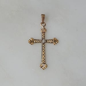 Antique Diamond Cross / Antique Estate C1900 14K Gold Hand Engraved 0.02ct Single cut Diamond Solitaire Cross Pendant  1.25"